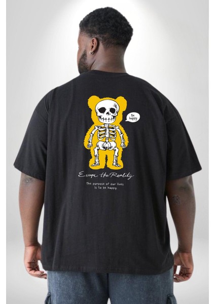 Mutlu Ol Büyük Beden Siyah Tişört Kadın Erkek Ünisex Sırt Baskılı