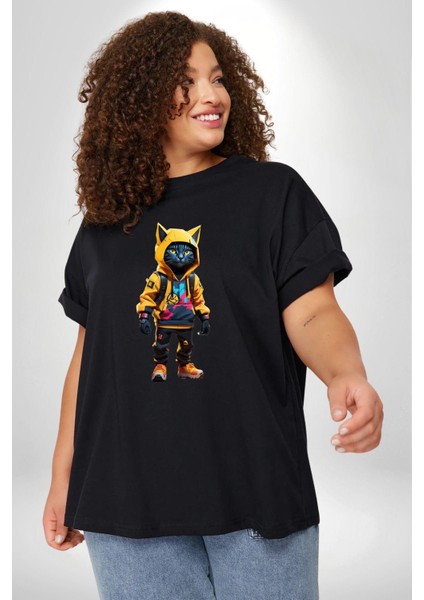 Spor Eşofman Takımı Sarı Kedi Insan Siyah Büyük Beden Erkek Kadın Unisex Basic Ön Baskılı Tişört indirimleri