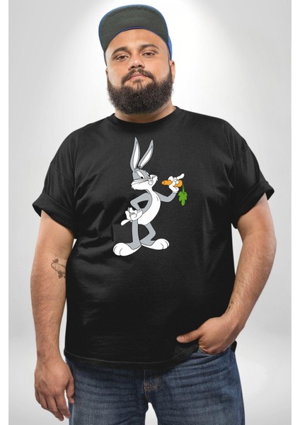 Bugs Bunny Siyah Büyük Beden Erkek Kadın Unisex Basic Ön Baskılı Tişört