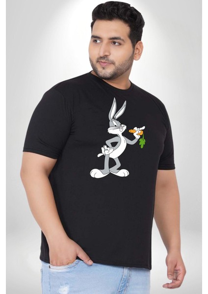 Bugs Bunny Siyah Büyük Beden Erkek Kadın Unisex Basic Ön Baskılı Tişört