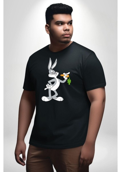 Bugs Bunny Siyah Büyük Beden Erkek Kadın Unisex Basic Ön Baskılı Tişört