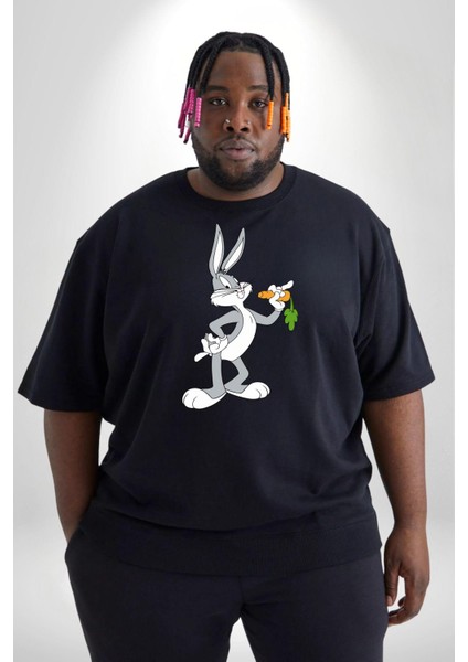 Bugs Bunny Siyah Büyük Beden Erkek Kadın Unisex Basic Ön Baskılı Tişört