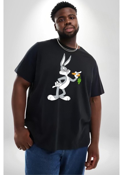 Bugs Bunny Siyah Büyük Beden Erkek Kadın Unisex Basic Ön Baskılı Tişört