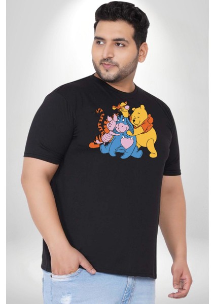 Winnie The Pooh Piglet Bal Küpü Siyah Büyük Beden Erkek Kadın Unisex Basic Ön Baskılı Tişört