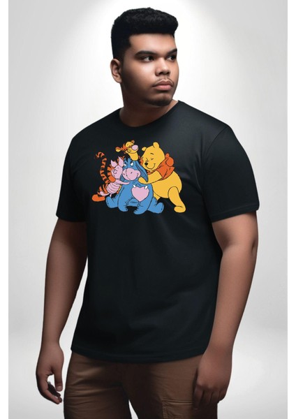 Winnie The Pooh Piglet Bal Küpü Siyah Büyük Beden Erkek Kadın Unisex Basic Ön Baskılı Tişört