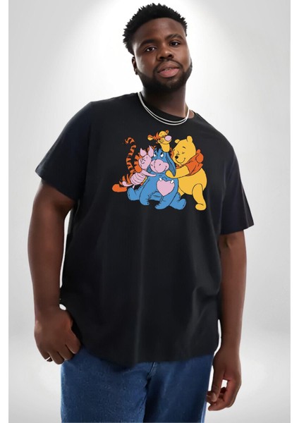 Winnie The Pooh Piglet Bal Küpü Siyah Büyük Beden Erkek Kadın Unisex Basic Ön Baskılı Tişört