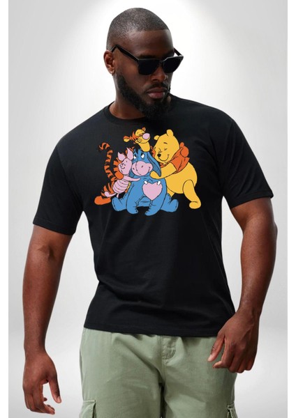 Winnie The Pooh Piglet Bal Küpü Siyah Büyük Beden Erkek Kadın Unisex Basic Ön Baskılı Tişört