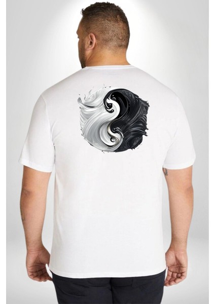 Beyaz Beyaz Ying Yang Büyük Beden Beyaz Tişört Kadın Erkek Ünisex Sırt Baskılı