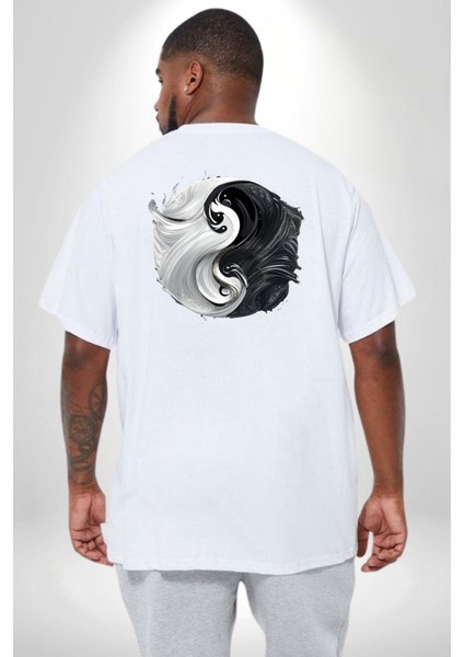 Beyaz Beyaz Ying Yang Büyük Beden Beyaz Tişört Kadın Erkek Ünisex Sırt Baskılı fırsatları