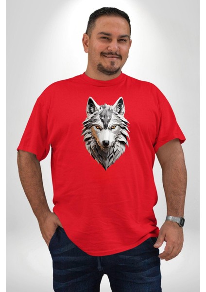 Beyaz Kurt Kafası Kırmızı Büyük Beden Erkek Kadın Unisex Basic Ön Baskılı Tişört