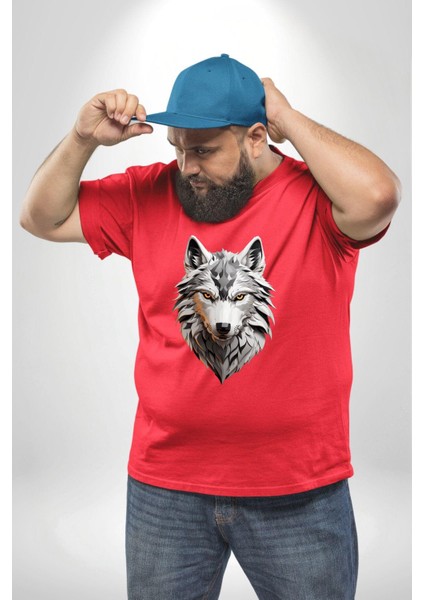 Beyaz Kurt Kafası Kırmızı Büyük Beden Erkek Kadın Unisex Basic Ön Baskılı Tişört modelleri