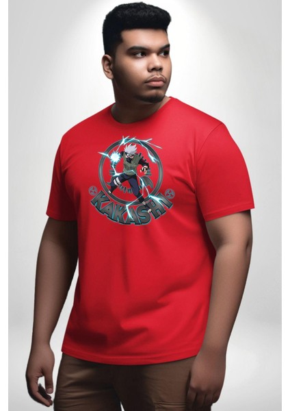 Naruto Shippuden Kakashi Lighting Kırmızı Büyük Beden Erkek Kadın Unisex Basic Ön Baskılı Tişört