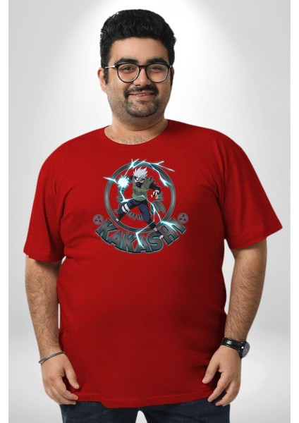 Naruto Shippuden Kakashi Lighting Kırmızı Büyük Beden Erkek Kadın Unisex Basic Ön Baskılı Tişört