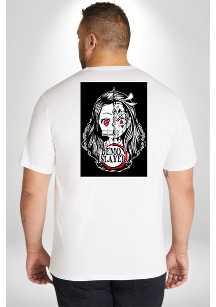 Anime Demon Slayer Büyük Beden Beyaz Tişört Kadın Erkek Ünisex Sırt Baskılı