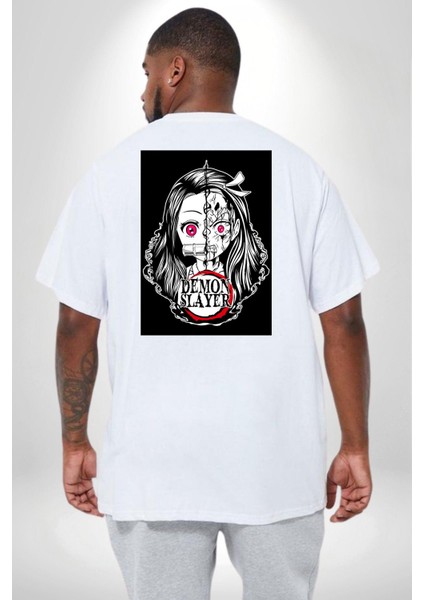 Anime Demon Slayer Büyük Beden Beyaz Tişört Kadın Erkek Ünisex Sırt Baskılı fırsatları