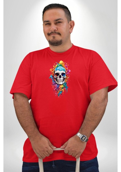 Renkli Kurukafa Kırmızı Büyük Beden Erkek Kadın Unisex Basic Ön Baskılı Tişört
