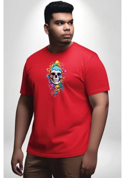 Renkli Kurukafa Kırmızı Büyük Beden Erkek Kadın Unisex Basic Ön Baskılı Tişört modelleri