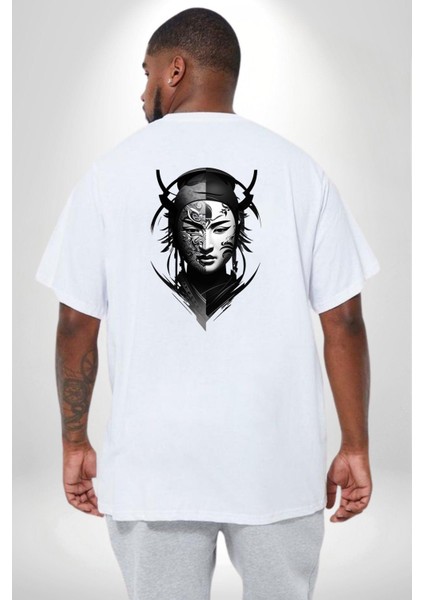 Asyalı Samuray Beyaz Beyaz Dövmeli Çift Yüz Büyük Beden Beyaz Tişört Kadın Erkek Ünisex Sırt Baskılı fırsatları