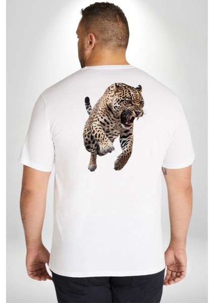 Jaguar Sırtından Çıkan Büyük Beden Beyaz Tişört Kadın Erkek Ünisex Sırt Baskılı