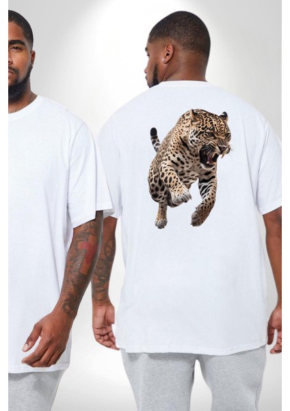 Jaguar Sırtından Çıkan Büyük Beden Beyaz Tişört Kadın Erkek Ünisex Sırt Baskılı fiyatları
