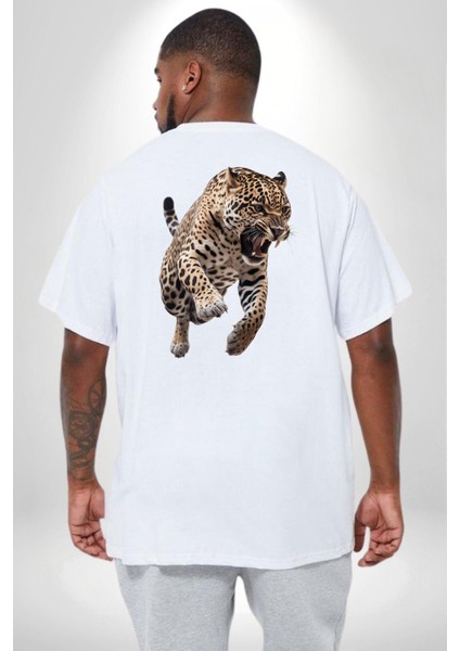 Jaguar Sırtından Çıkan Büyük Beden Beyaz Tişört Kadın Erkek Ünisex Sırt Baskılı fırsatları