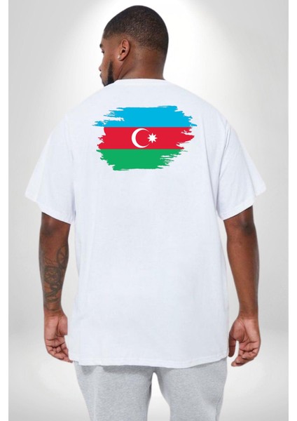 Azerbeycan Bayrağı Büyük Beden Beyaz Tişört Kadın Erkek Ünisex Sırt Baskılı