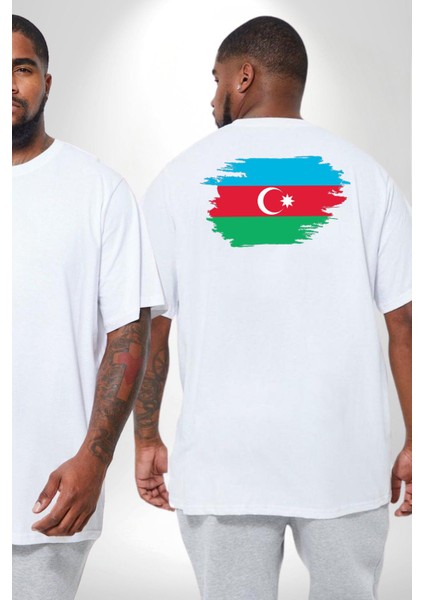 Azerbeycan Bayrağı Büyük Beden Beyaz Tişört Kadın Erkek Ünisex Sırt Baskılı fiyatları