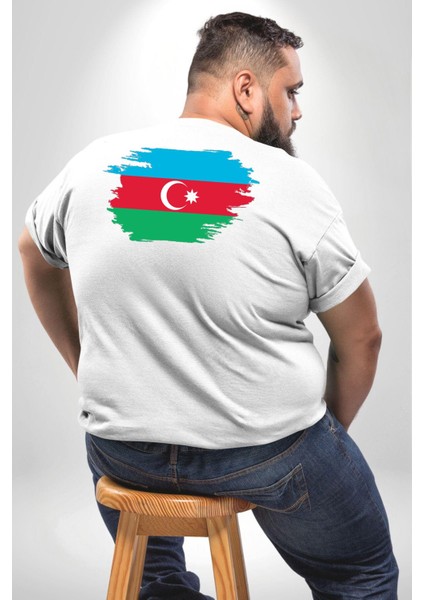 Azerbeycan Bayrağı Büyük Beden Beyaz Tişört Kadın Erkek Ünisex Sırt Baskılı fırsatları