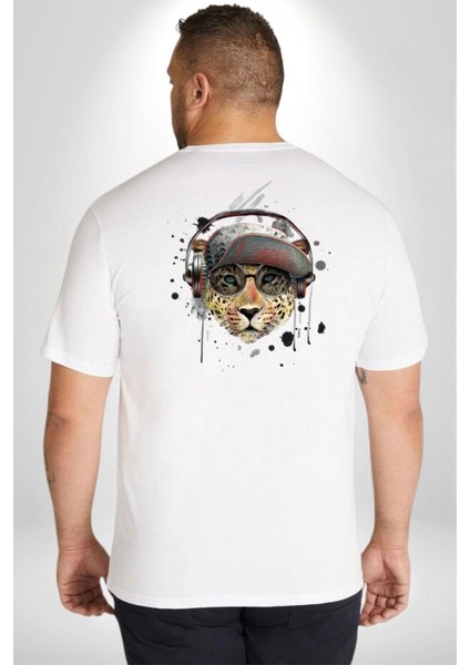 Pop Art Kaplan Müzik Kulaklık Güneş Gözlüğü Büyük Beden Beyaz Tişört Kadın Erkek Ünisex Sırt Baskılı