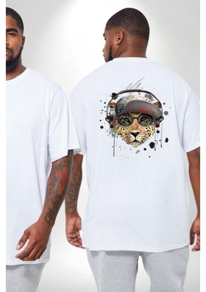 Pop Art Kaplan Müzik Kulaklık Güneş Gözlüğü Büyük Beden Beyaz Tişört Kadın Erkek Ünisex Sırt Baskılı fiyatları