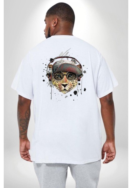 Pop Art Kaplan Müzik Kulaklık Güneş Gözlüğü Büyük Beden Beyaz Tişört Kadın Erkek Ünisex Sırt Baskılı fırsatları