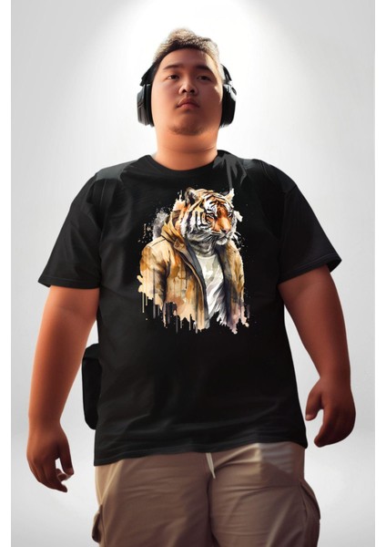 Cool Yakışıklı Kapüşonlu Spor Kaplan Siyah Büyük Beden Erkek Kadın Unisex Basic Ön Baskılı Tişört