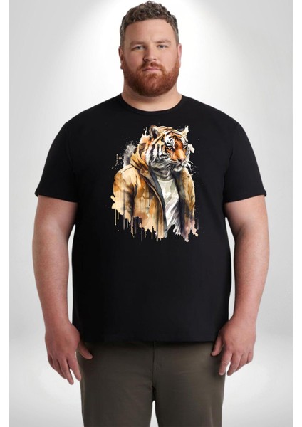 Cool Yakışıklı Kapüşonlu Spor Kaplan Siyah Büyük Beden Erkek Kadın Unisex Basic Ön Baskılı Tişört