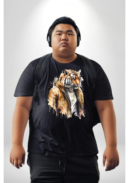 Cool Yakışıklı Kapüşonlu Spor Kaplan Siyah Büyük Beden Erkek Kadın Unisex Basic Ön Baskılı Tişört