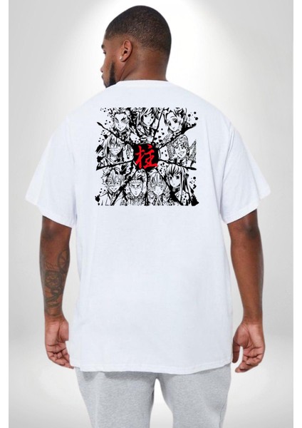 Anime Demon Slayer Hashira Büyük Beden Beyaz Tişört Kadın Erkek Ünisex Sırt Baskılı