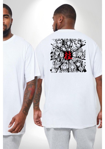 Anime Demon Slayer Hashira Büyük Beden Beyaz Tişört Kadın Erkek Ünisex Sırt Baskılı fiyatları