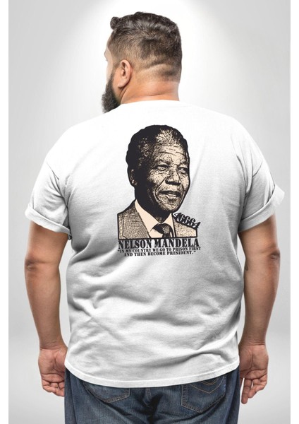 Nelson Mandela Büyük Beden Beyaz Tişört Kadın Erkek Ünisex Sırt Baskılı