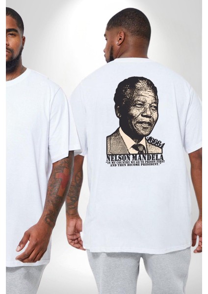 Nelson Mandela Büyük Beden Beyaz Tişört Kadın Erkek Ünisex Sırt Baskılı fiyatları