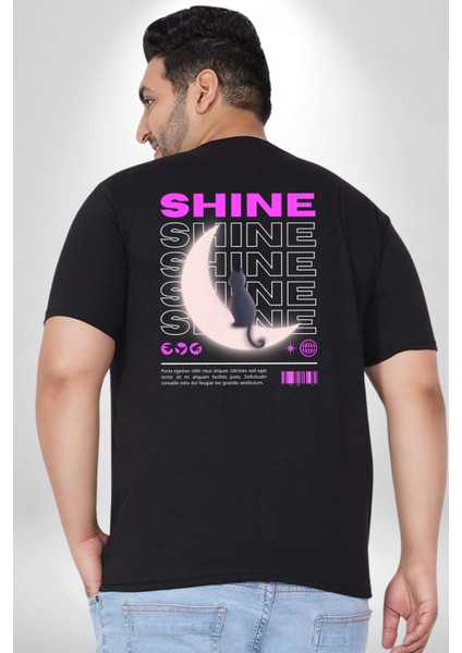 Parlayan Siyah Kedi Büyük Beden Siyah Tişört Kadın Erkek Ünisex Sırt Baskılı