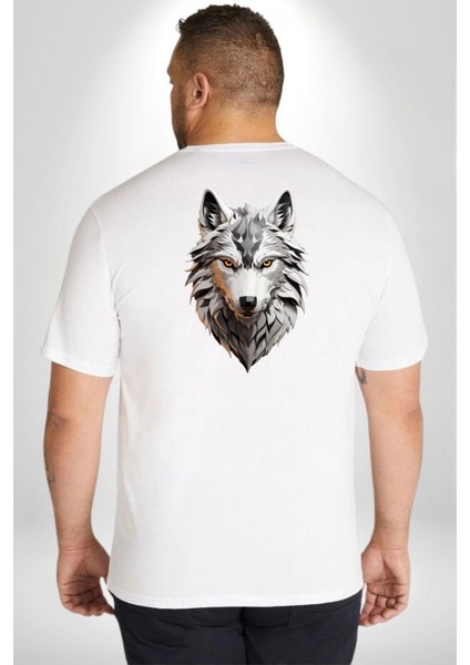 Beyaz Kurt Kafası Büyük Beden Beyaz Tişört Kadın Erkek Ünisex Sırt Baskılı
