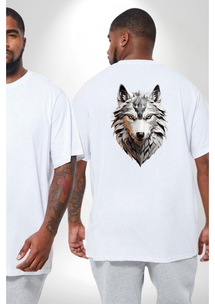 Beyaz Kurt Kafası Büyük Beden Beyaz Tişört Kadın Erkek Ünisex Sırt Baskılı fiyatları