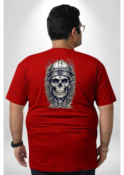 Kask Miğfer Iskelet Asker Büyük Beden Kırmızı Tişört Kadın Erkek Ünisex Sırt Baskılı