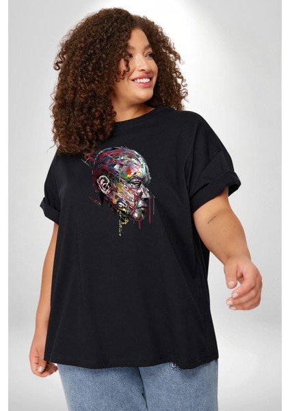 Insan Kafası Sulu Boya Siyah Büyük Beden Erkek Kadın Unisex Basic Ön Baskılı Tişört