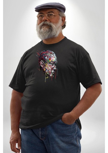 Insan Kafası Sulu Boya Siyah Büyük Beden Erkek Kadın Unisex Basic Ön Baskılı Tişört fiyatları