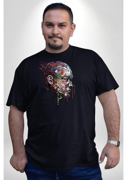 Insan Kafası Sulu Boya Siyah Büyük Beden Erkek Kadın Unisex Basic Ön Baskılı Tişört modelleri