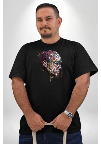 Insan Kafası Sulu Boya Siyah Büyük Beden Erkek Kadın Unisex Basic Ön Baskılı Tişört fırsatları