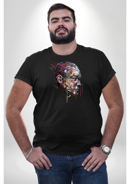 Insan Kafası Sulu Boya Siyah Büyük Beden Erkek Kadın Unisex Basic Ön Baskılı Tişört indirimleri