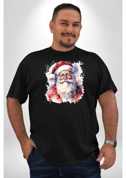 Mutlu Noel Baba Yeni Yıl Tasarımı Siyah Büyük Beden Erkek Kadın Unisex Basic Ön Baskılı Tişört