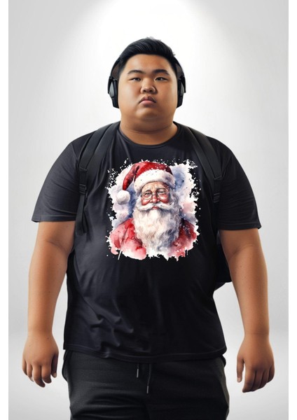 Mutlu Noel Baba Yeni Yıl Tasarımı Siyah Büyük Beden Erkek Kadın Unisex Basic Ön Baskılı Tişört modelleri