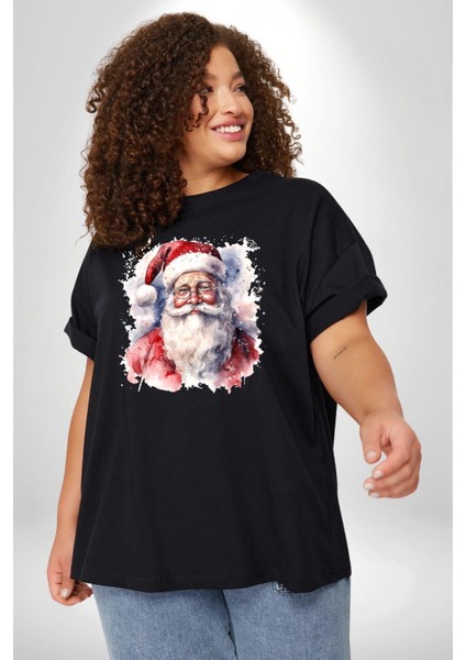 Mutlu Noel Baba Yeni Yıl Tasarımı Siyah Büyük Beden Erkek Kadın Unisex Basic Ön Baskılı Tişört fırsatları